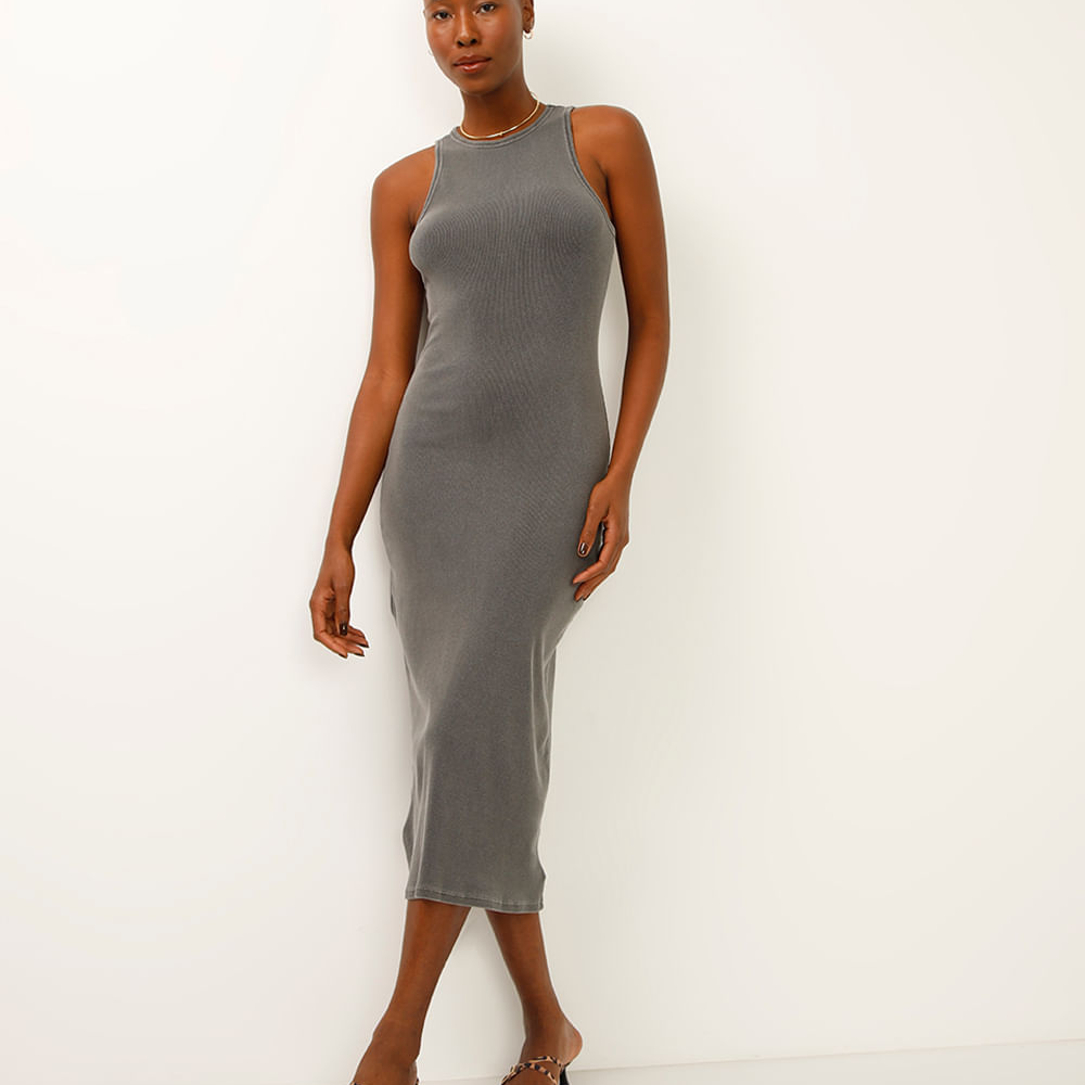 Vestido midi halterneck canelado cinza Vestido midi halterneck canelado cinza