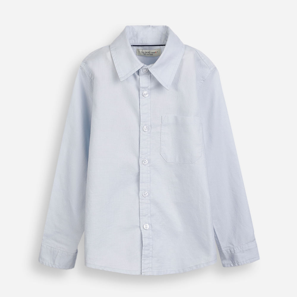 Camisa de algodão infantil com bolso azul Camisa de algodão infantil com bolso azul