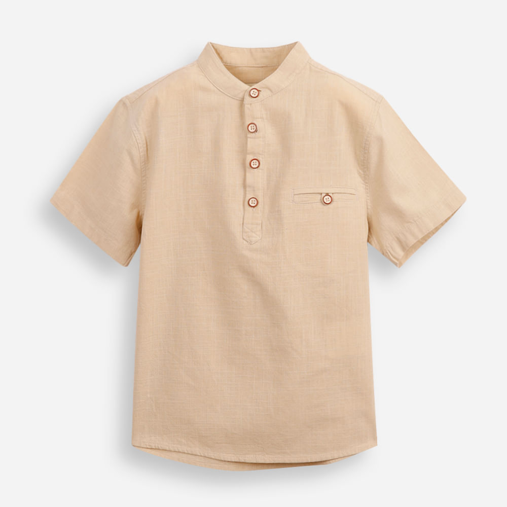 Camisa infantil de algodão gola padre bege Camisa infantil de algodão gola padre bege