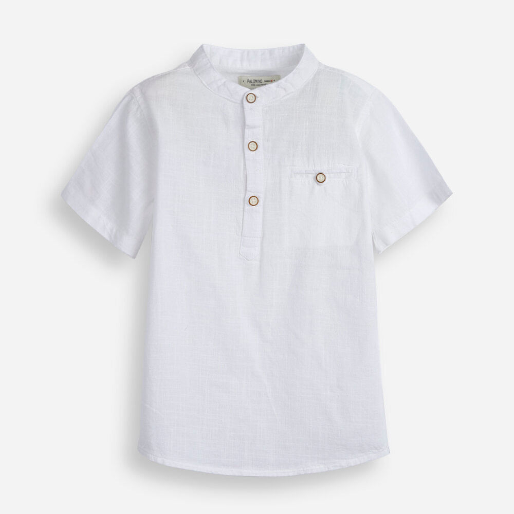 Camisa infantil de algodão gola padre branca Camisa infantil de algodão gola padre branca