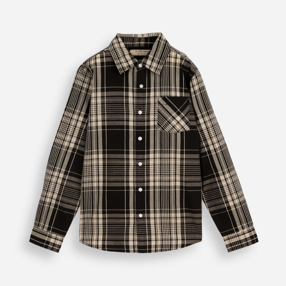 Camisa de algodão infantil manga longa xadrez preta
