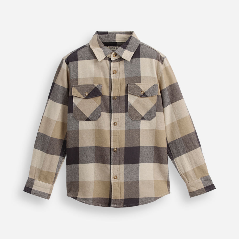 Camisa infantil de algodão manga longa xadrez bege Camisa infantil de algodão manga longa xadrez bege