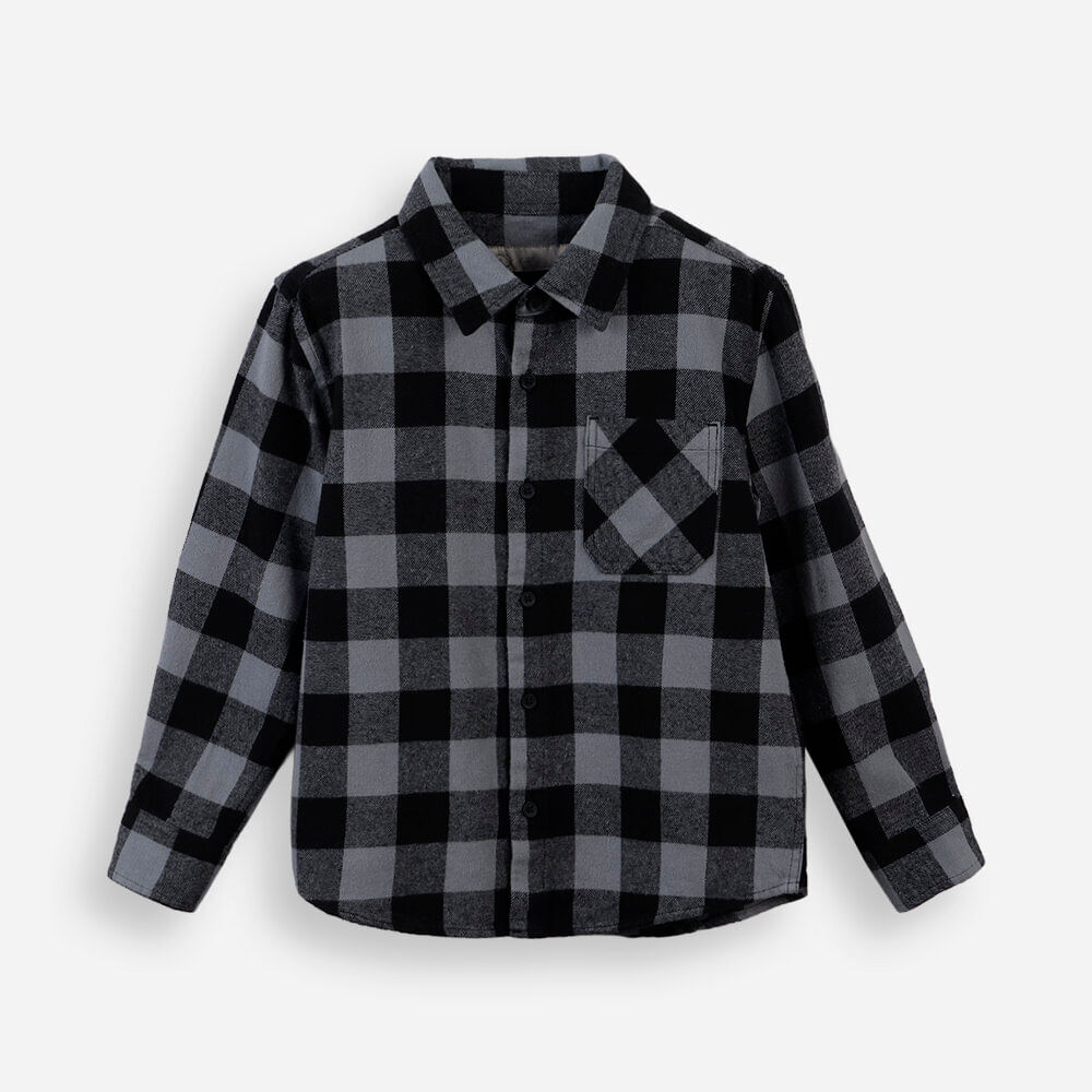 Camisa de algodão infantil manga longa xadrez cinza Camisa de algodão infantil manga longa xadrez cinza