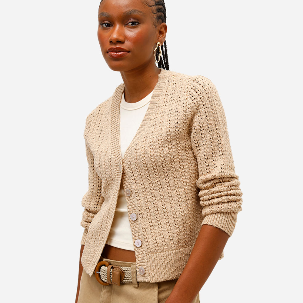 Cardigan feminino de tricot com lurex bege Cardigan feminino de tricot com lurex bege