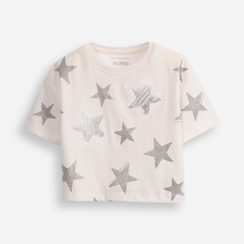 Camiseta de algodão infantil estrelas com paête off white Camiseta de algodão infantil estrelas com paête off white