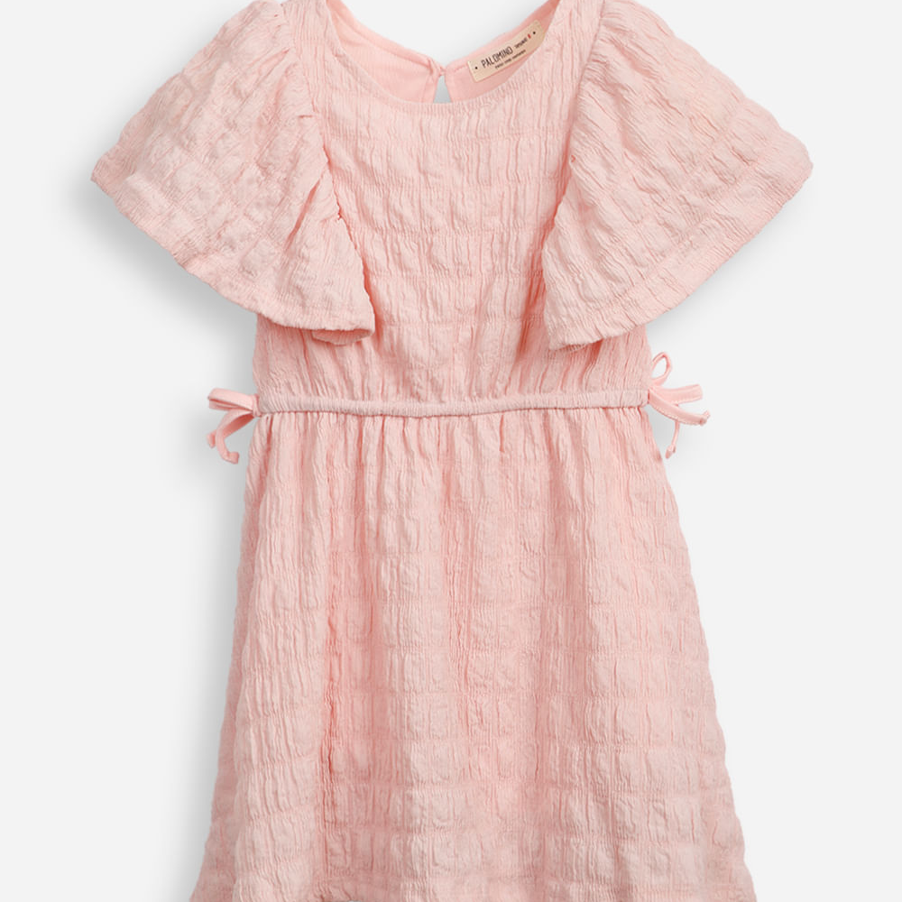 Vestido infantil manga com babado texturizado rosa Vestido infantil manga com babado texturizado rosa