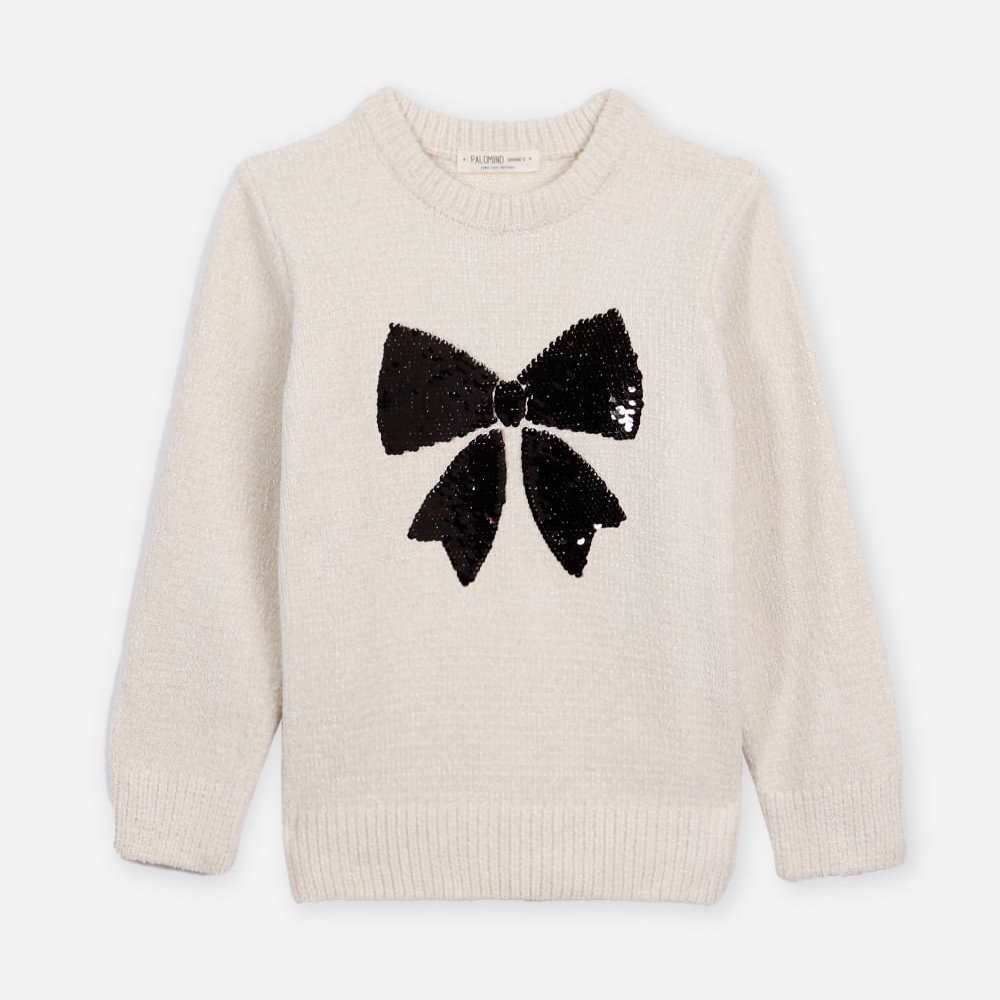 Suéter de tricot infantil com laço de paetê bege Suéter de tricot infantil com laço de paetê bege