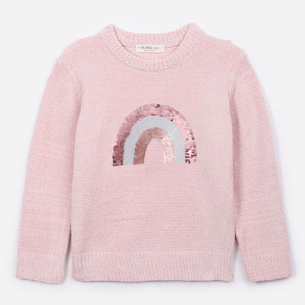 Suéter infantil de tricot com bordado paetê rosa Suéter infantil de tricot com bordado paetê rosa