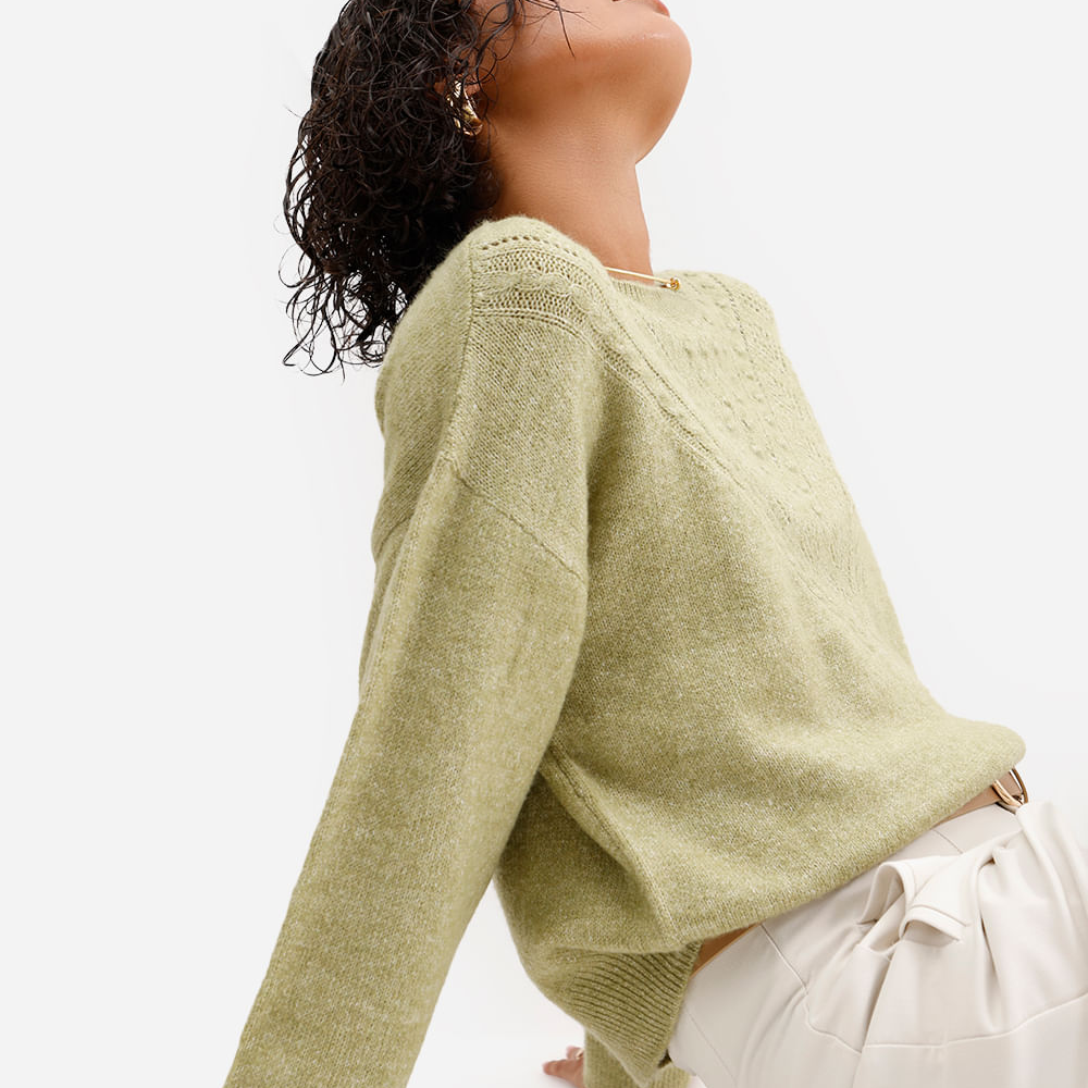 Suéter feminino de tricot texturizado verde Suéter feminino de tricot texturizado verde
