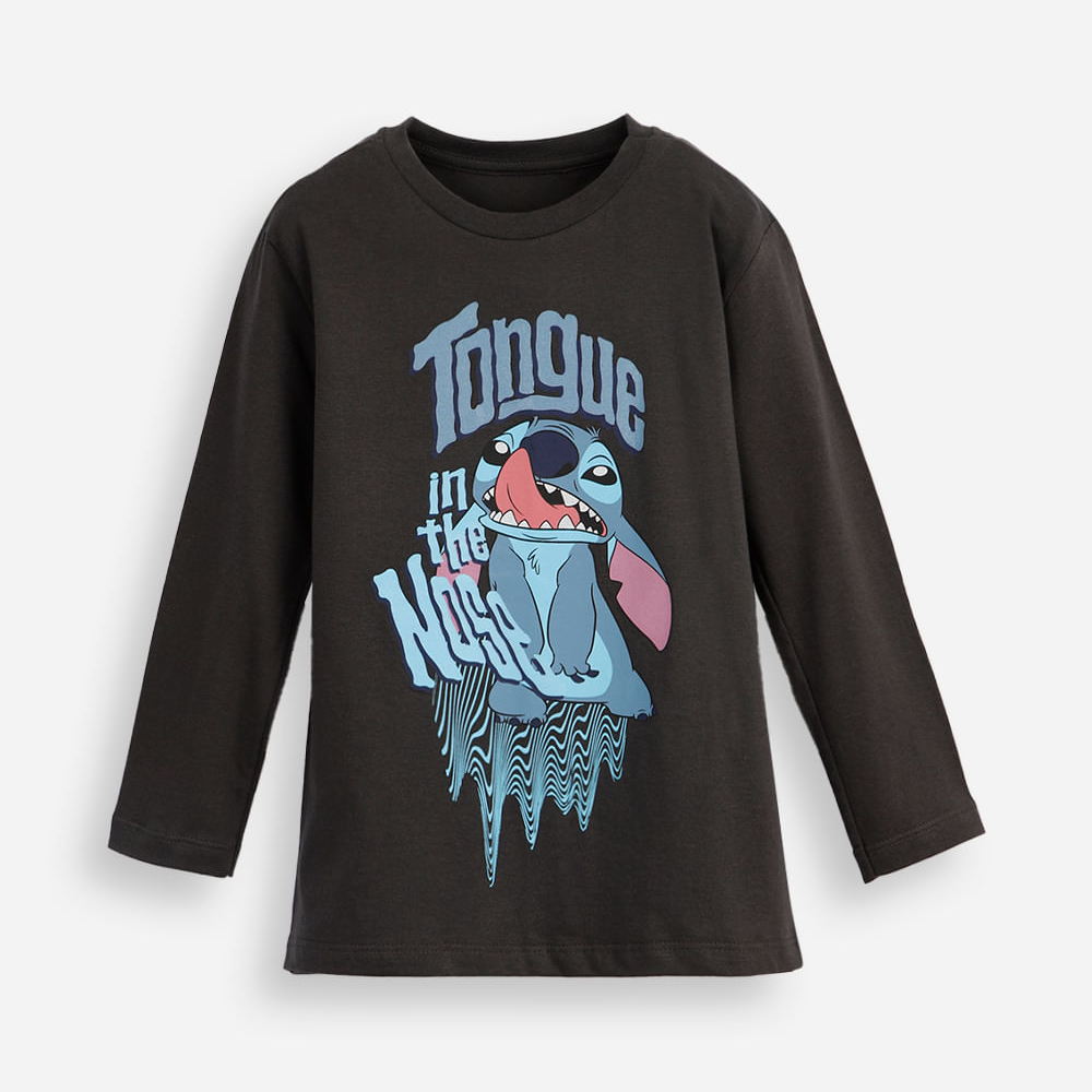 Blusa de algodão infantil manga longa stitch cinza