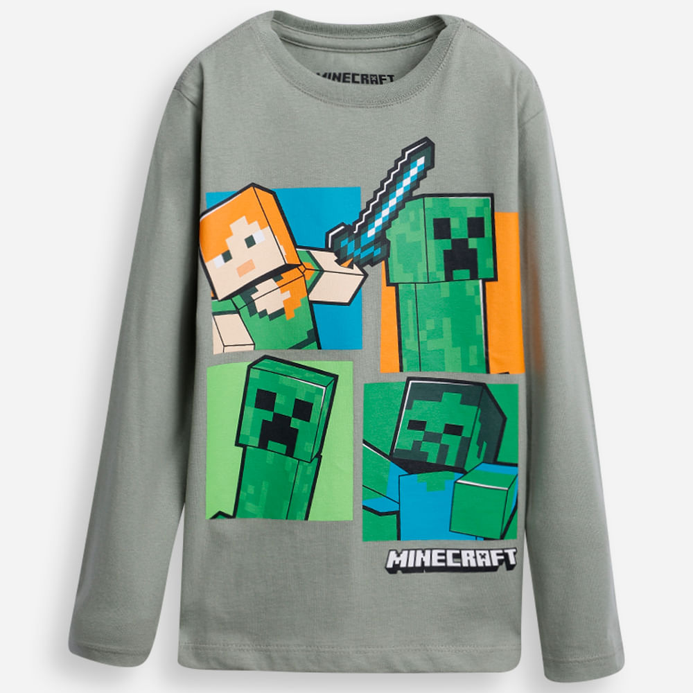 Blusa de algodão infantil manga longa minecraft verde