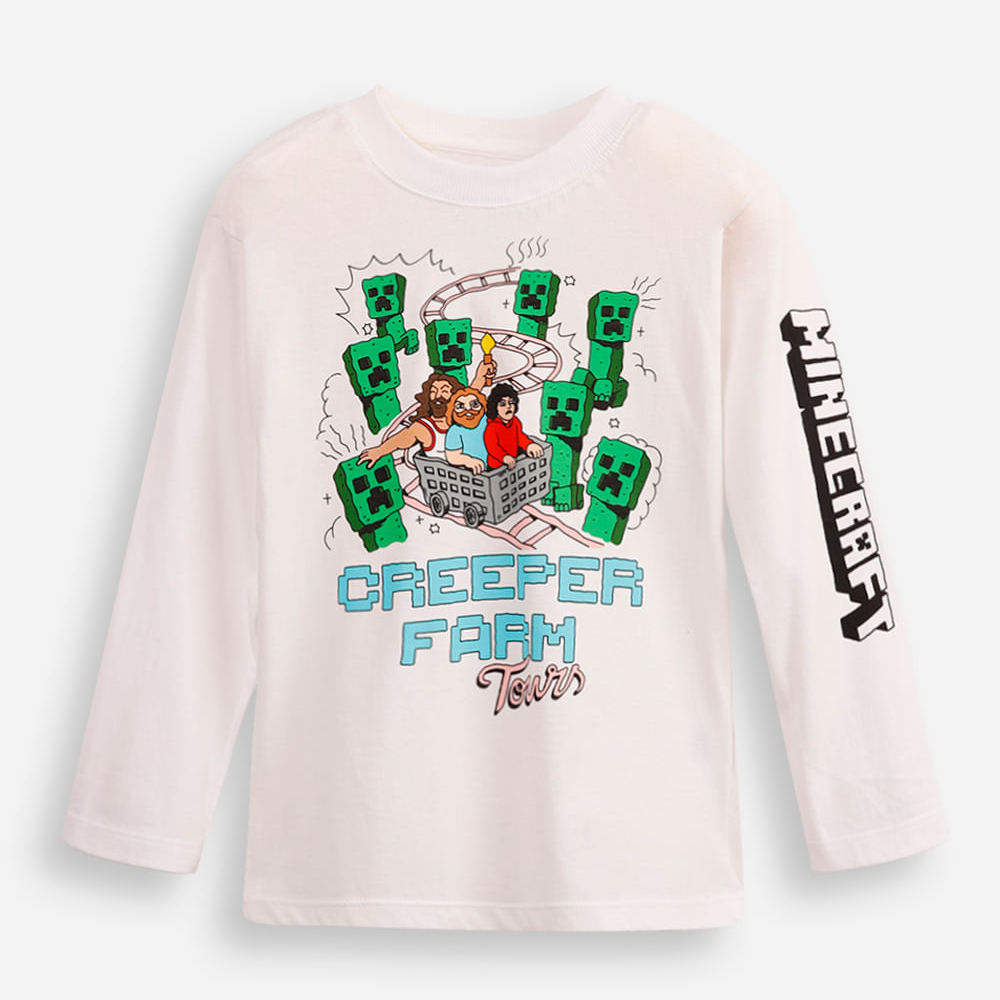 Blusa de algodão infantil creeper farm tours minecraft off white