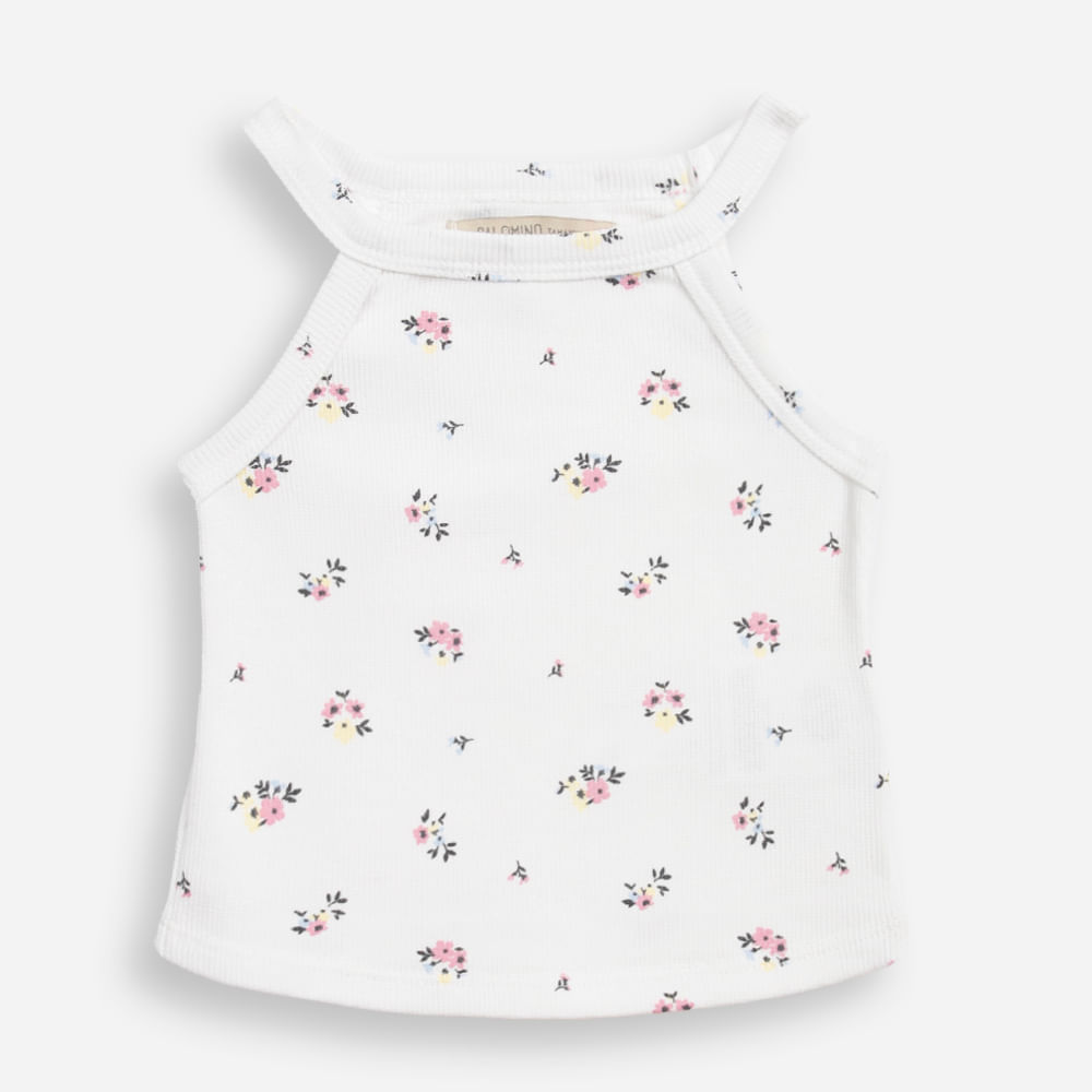 Regata de algodão infantil decote halterneck floral off white Regata de algodão infantil decote halterneck floral off white