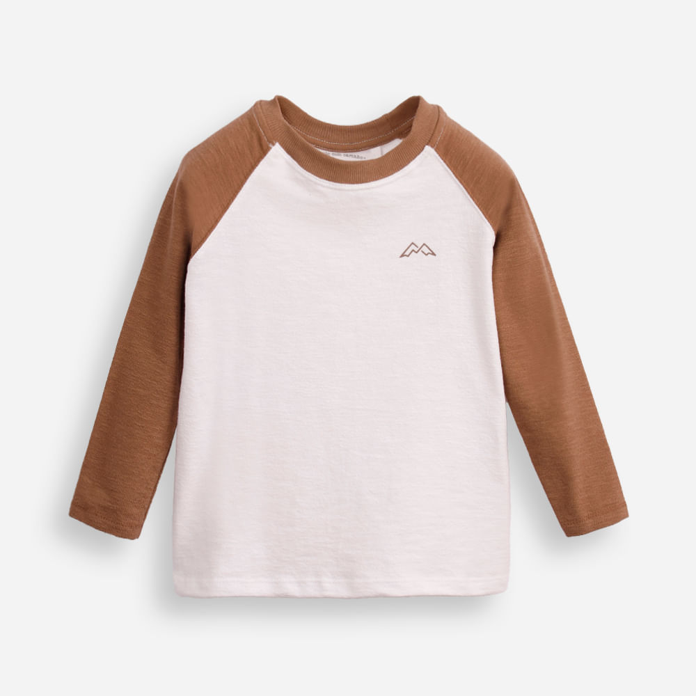 Blusa de algodão infantil manga raglan texturizada bege Blusa de algodão infantil manga raglan texturizada bege
