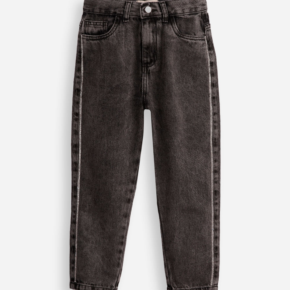 Calça mom infantil jeans com strass preta