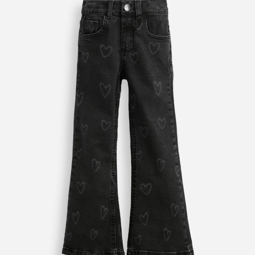 Calça flare infantil jeans coração preta Calça flare infantil jeans coração preta