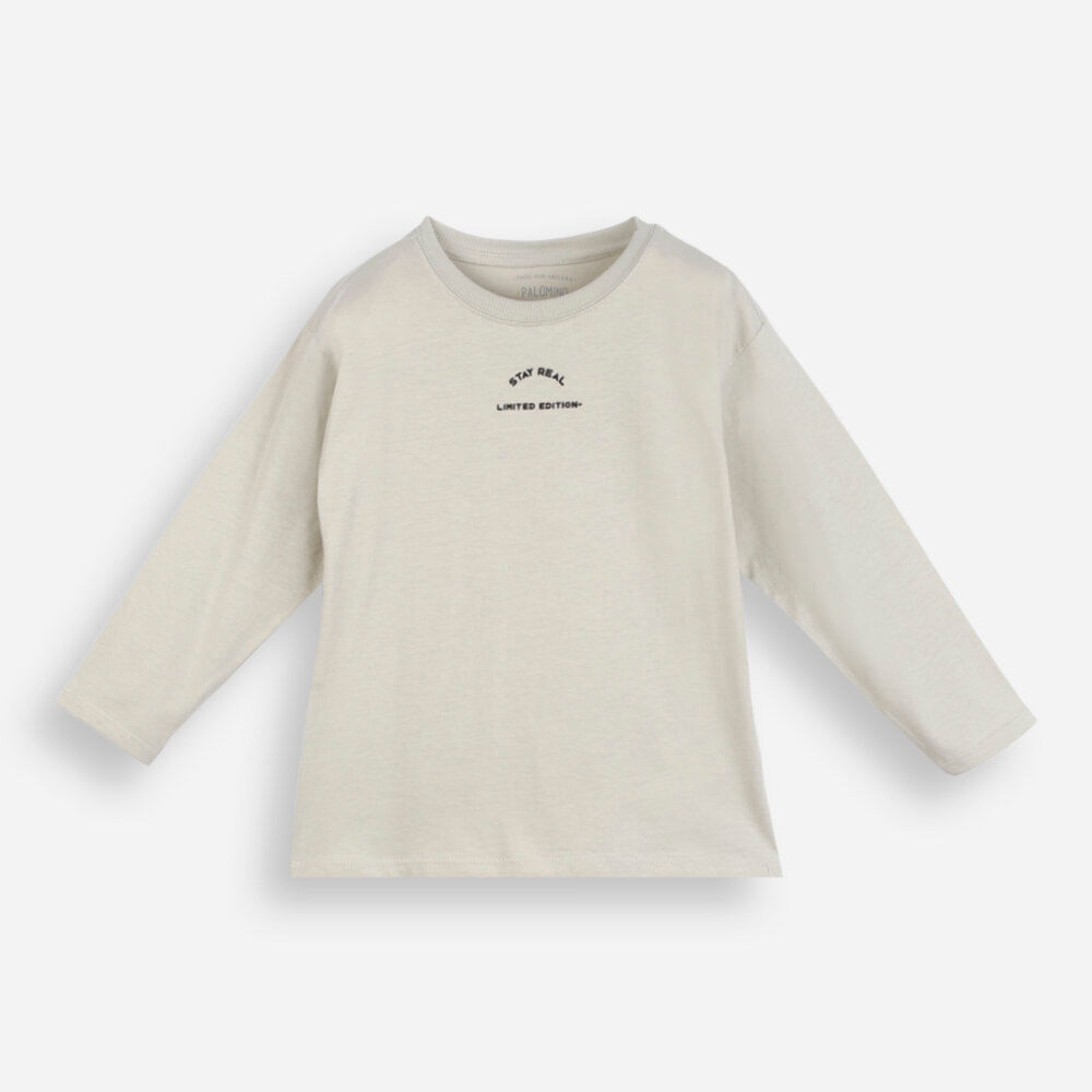 Camiseta infantil manga longa oversized estampada bege Camiseta infantil manga longa oversized estampada bege