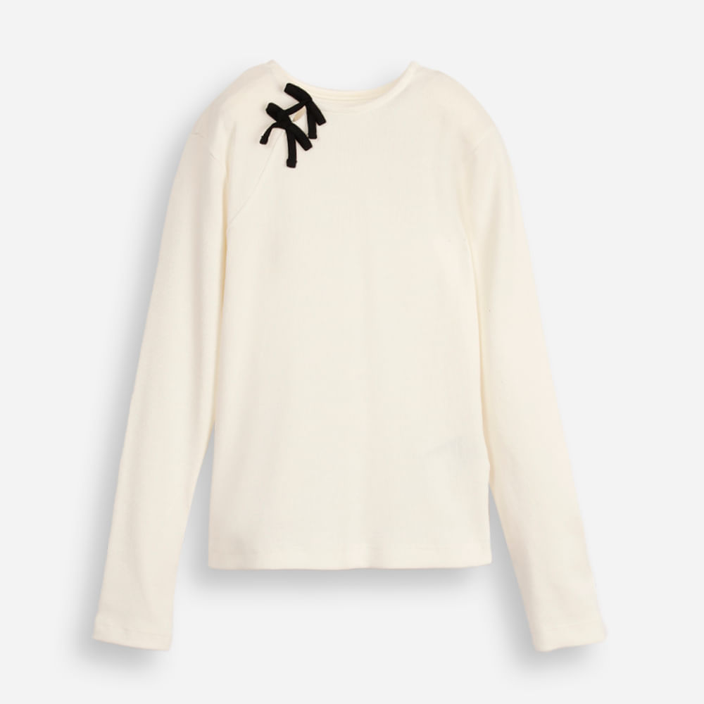 Blusa infantil manga longa canelada com lacinho off white