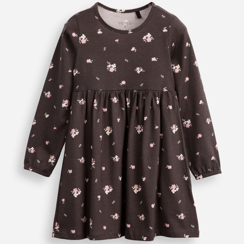 Vestido infantil de algodão manga longa floral cinza