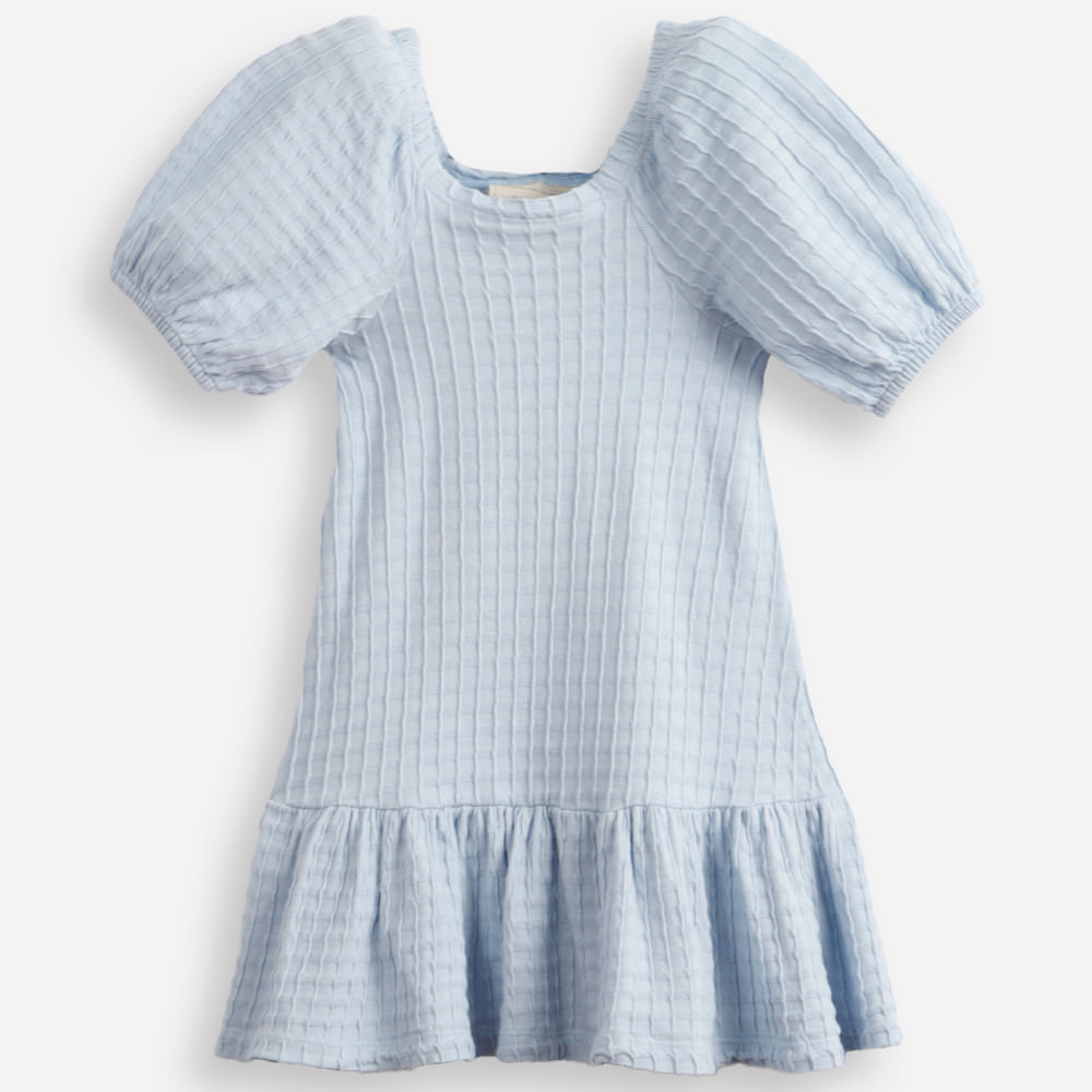 Vestido de algodão infantil manga bufante texturizado azul Vestido de algodão infantil manga bufante texturizado azul