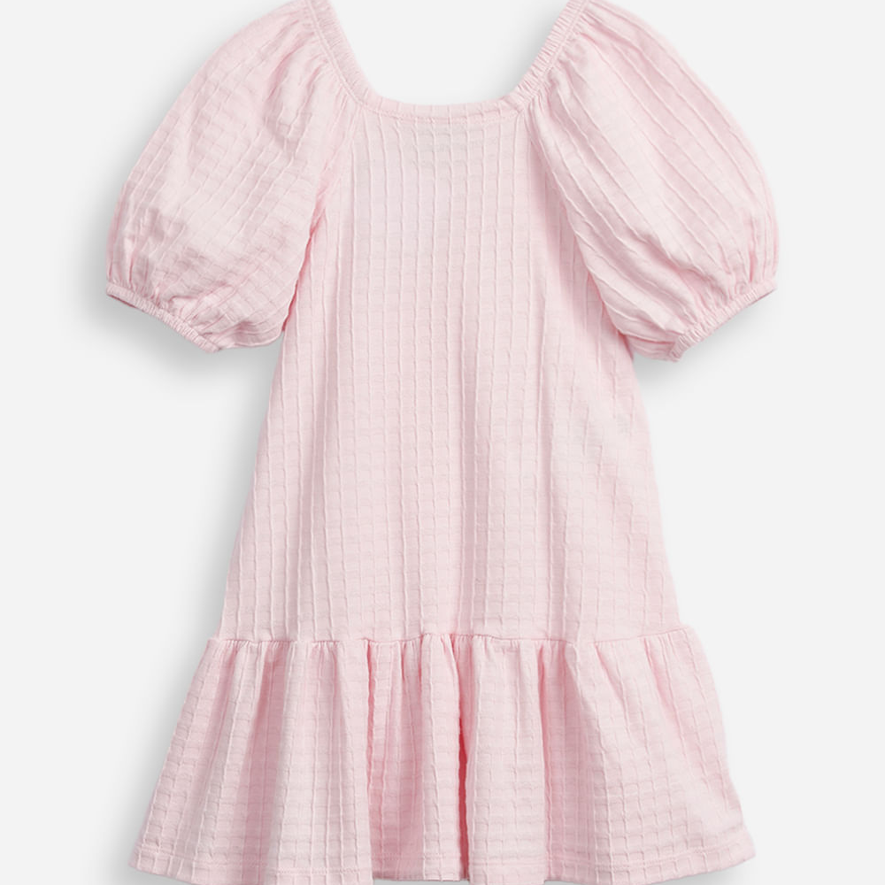 Vestido de algodão infantil manga bufante texturizado rosa Vestido de algodão infantil manga bufante texturizado rosa