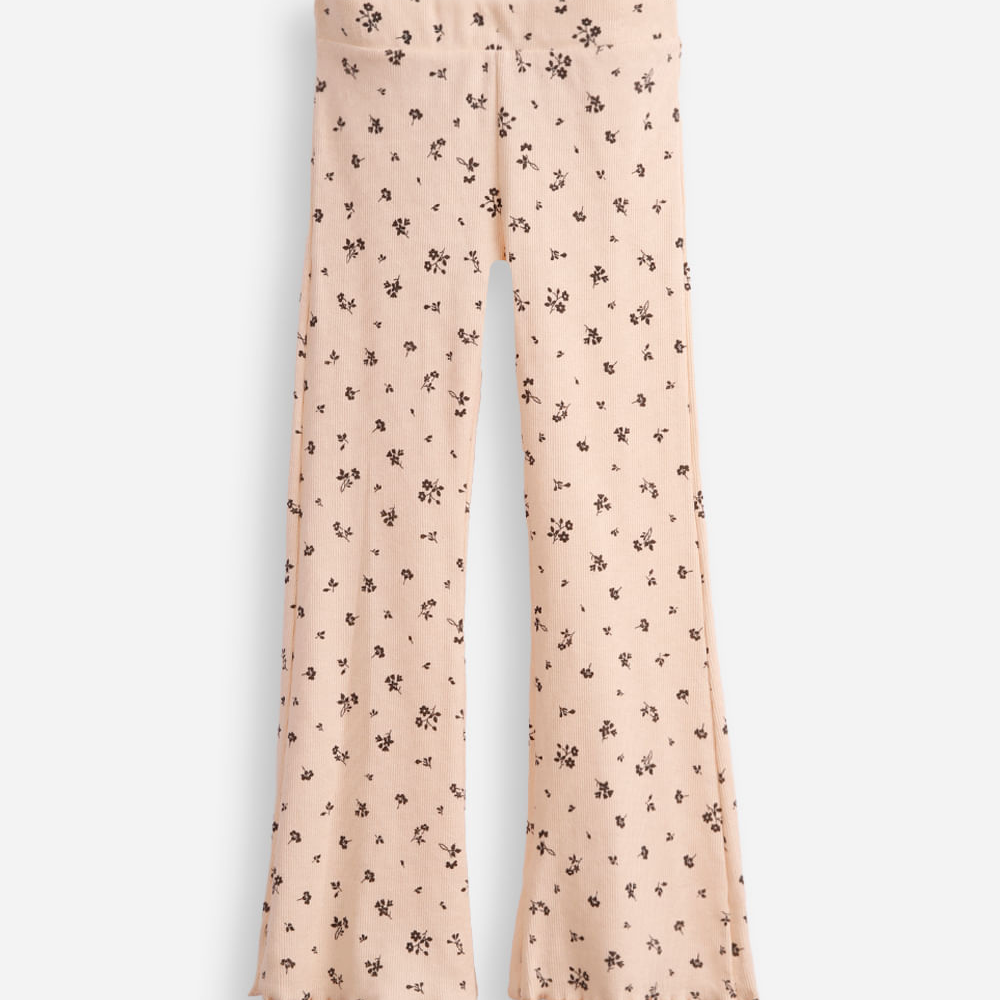 Calça flare infantil floral com fru fru bege Calça flare infantil floral com fru fru bege