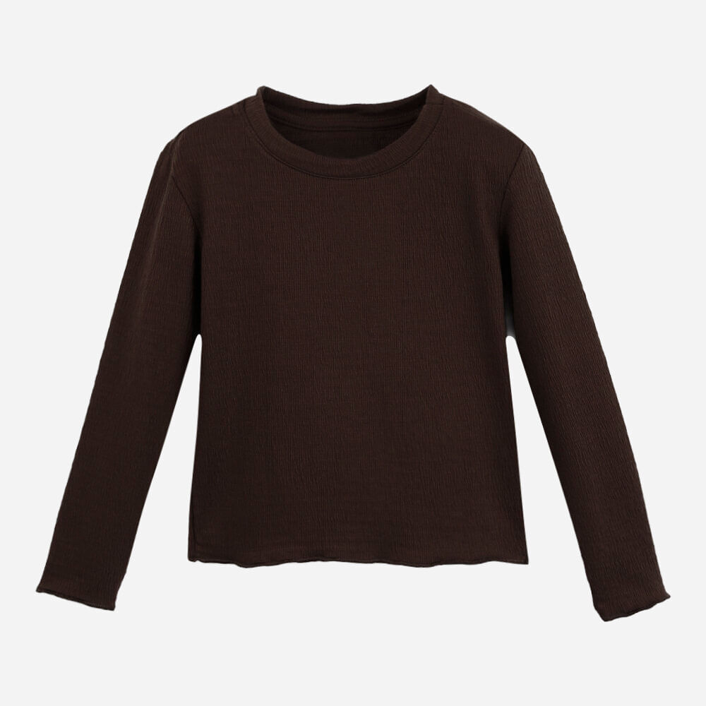 Blusa infantil manga longa texturizada com fru fru marrom