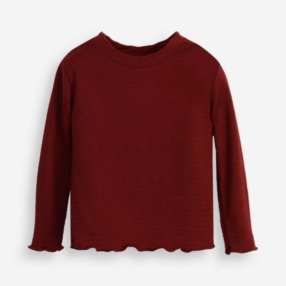 Blusa infantil manga longa texturizada com fru fru vinho