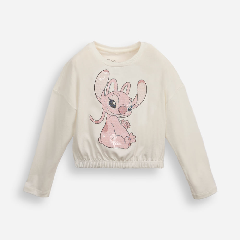 Blusa de algodão infantil manga longa com paetê angel off white