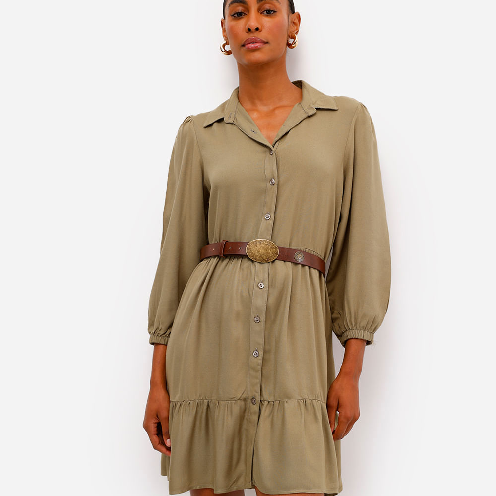 Vestido chemise midi de viscose manga bufante verde Vestido chemise midi de viscose manga bufante verde