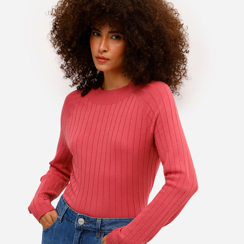 Suéter feminino de tricot canelado rosa Suéter feminino de tricot canelado rosa