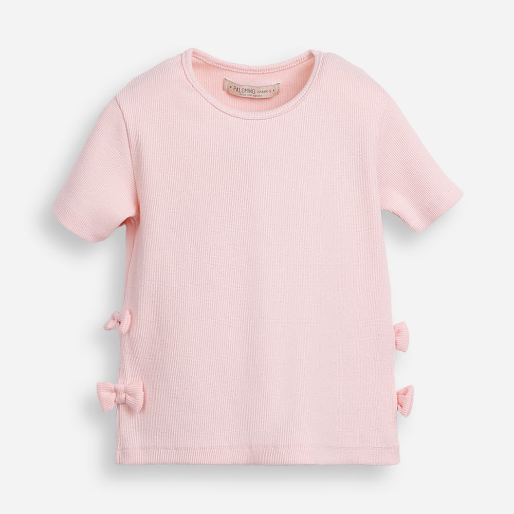 Blusa infantil de algodão manga curta com laços canelada rosa Blusa infantil de algodão manga curta com laços canelada rosa