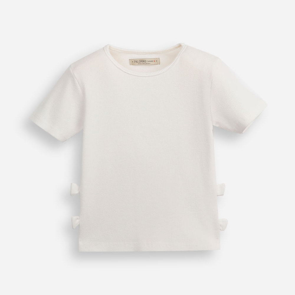 Blusa infantil de algodão manga curta com laços canelada off white Blusa infantil de algodão manga curta com laços canelada off white