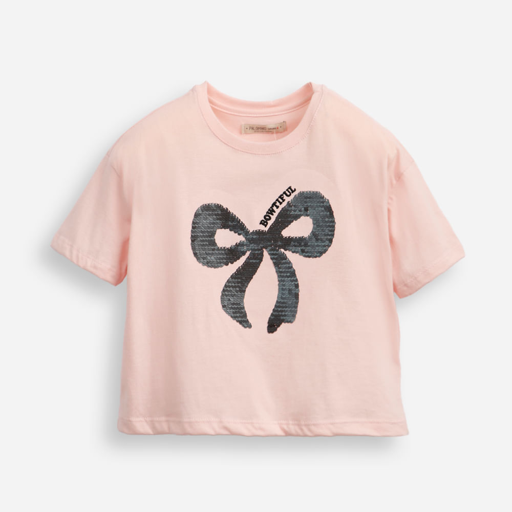 Camiseta de algodão infantil lacinho com paetê rosa