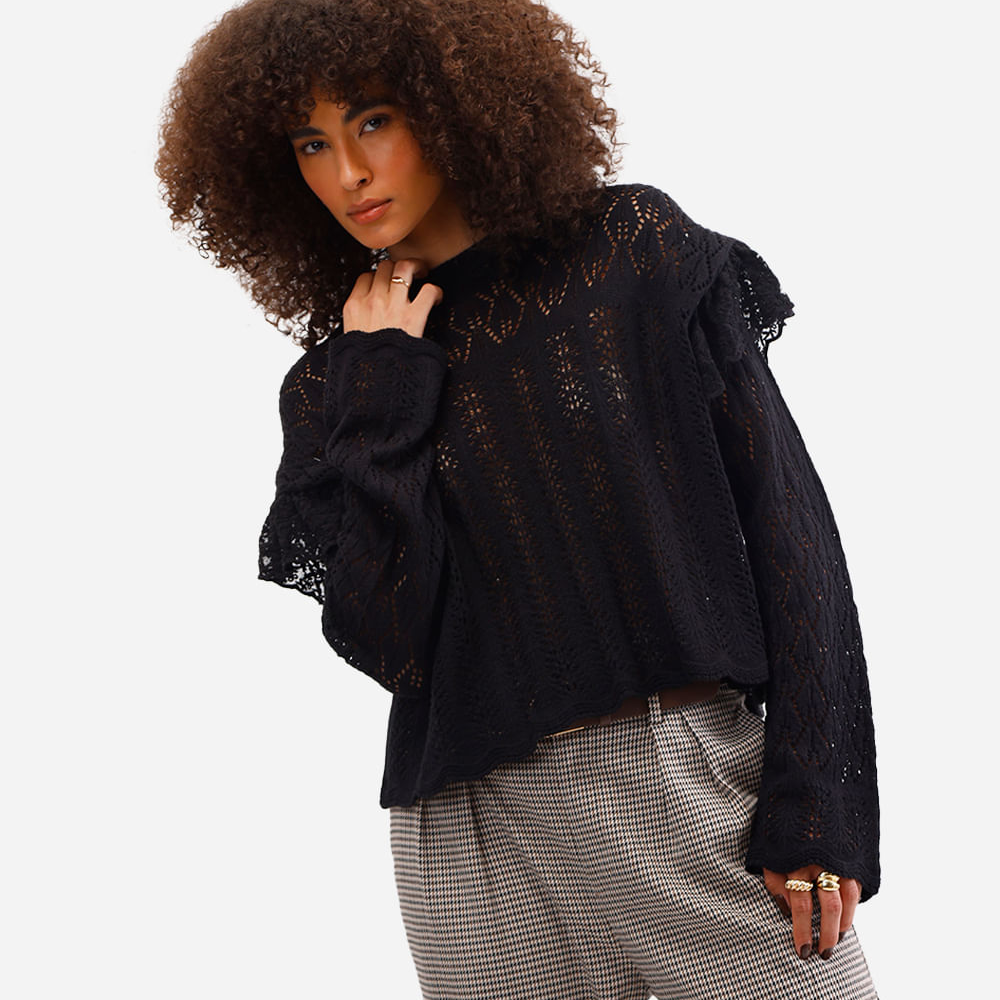 Suéter feminino de tricot com babados preto Suéter feminino de tricot com babados preto