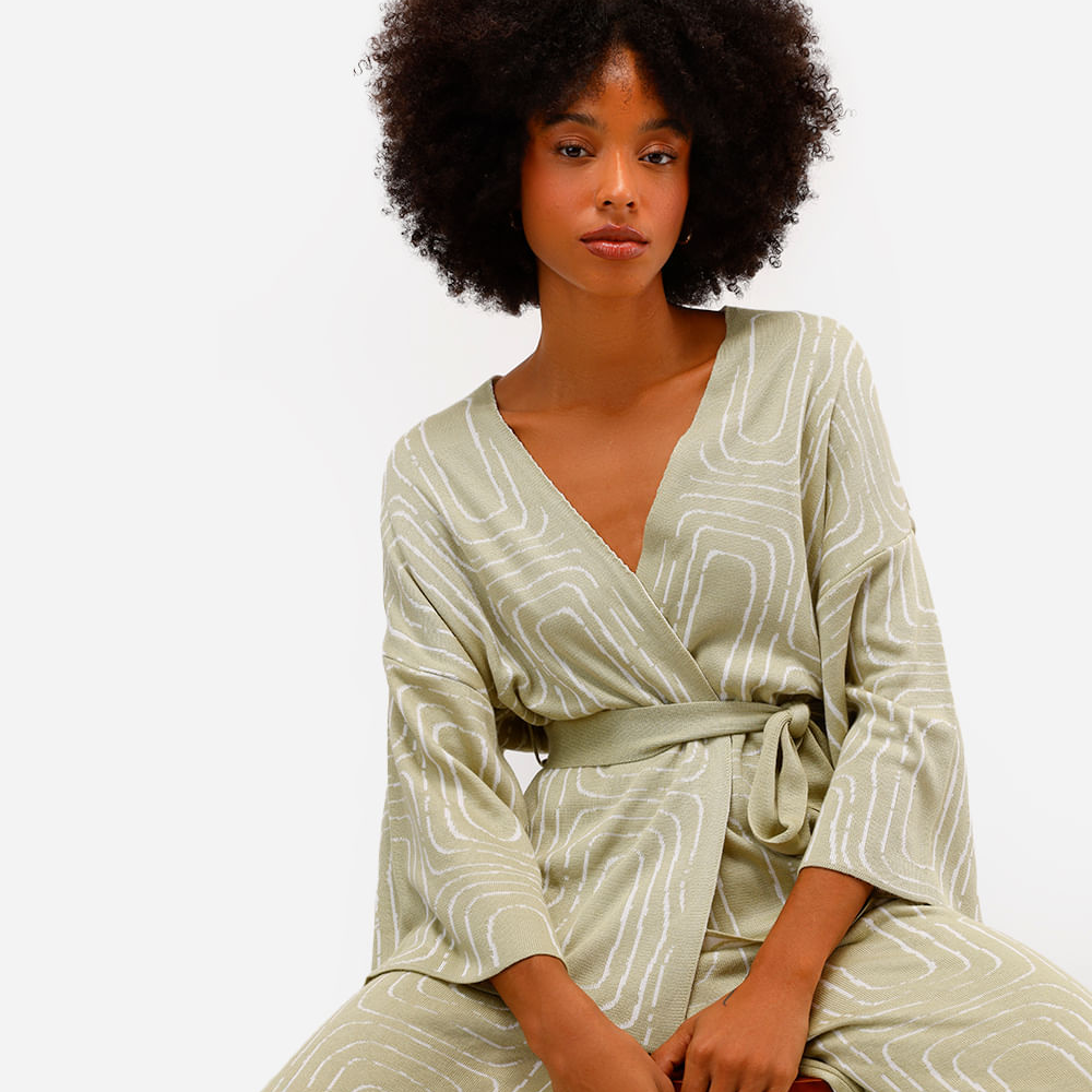 Kimono feminino de tricot geométrico vivi olimo verde Kimono feminino de tricot geométrico vivi olimo verde