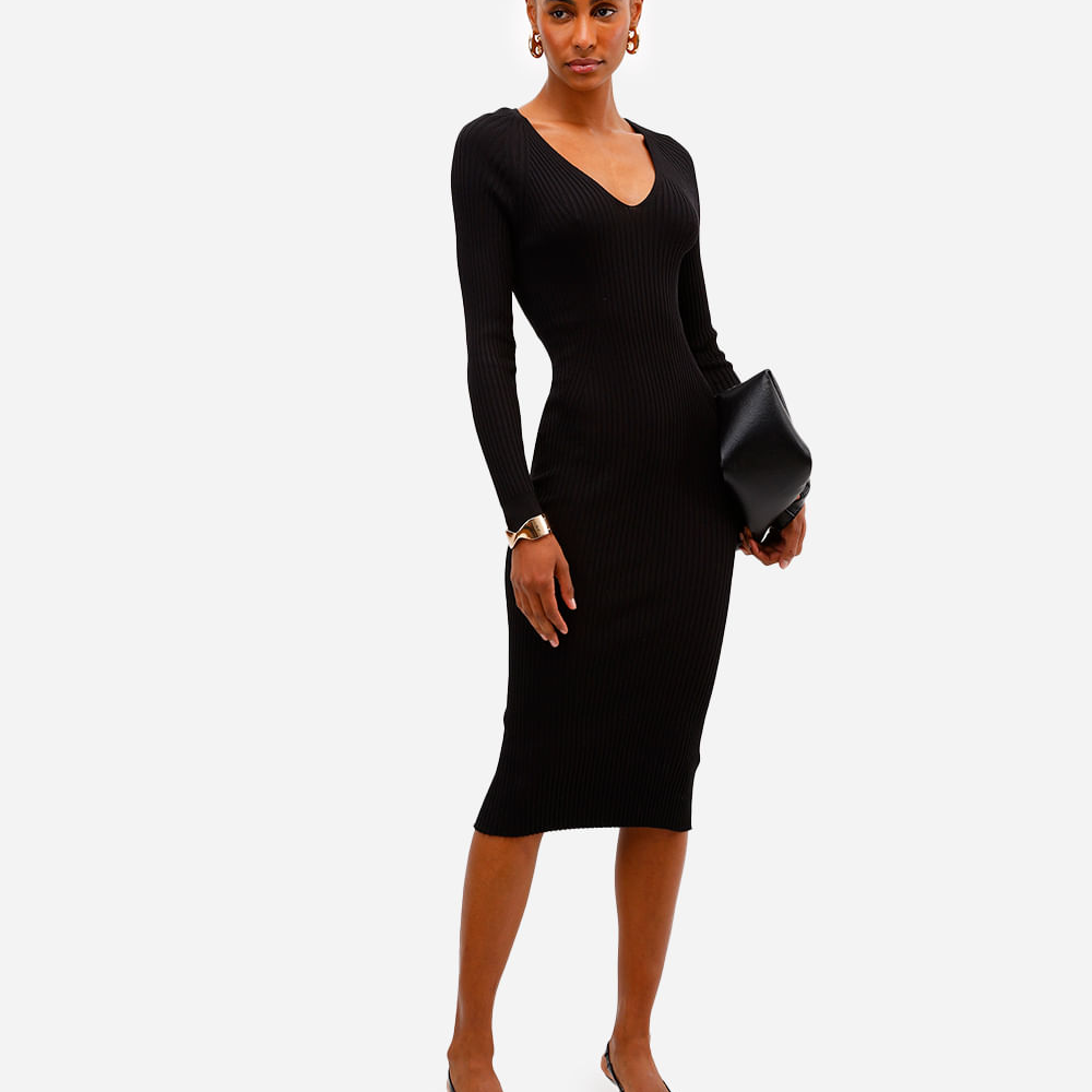 Vestido midi feminino de tricot canelado preto Vestido midi feminino de tricot canelado preto
