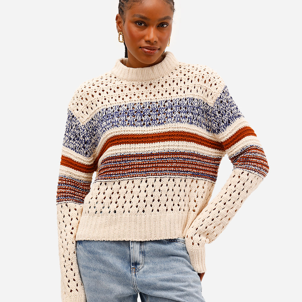 Suéter feminino de tricot listrado bege Suéter feminino de tricot listrado bege