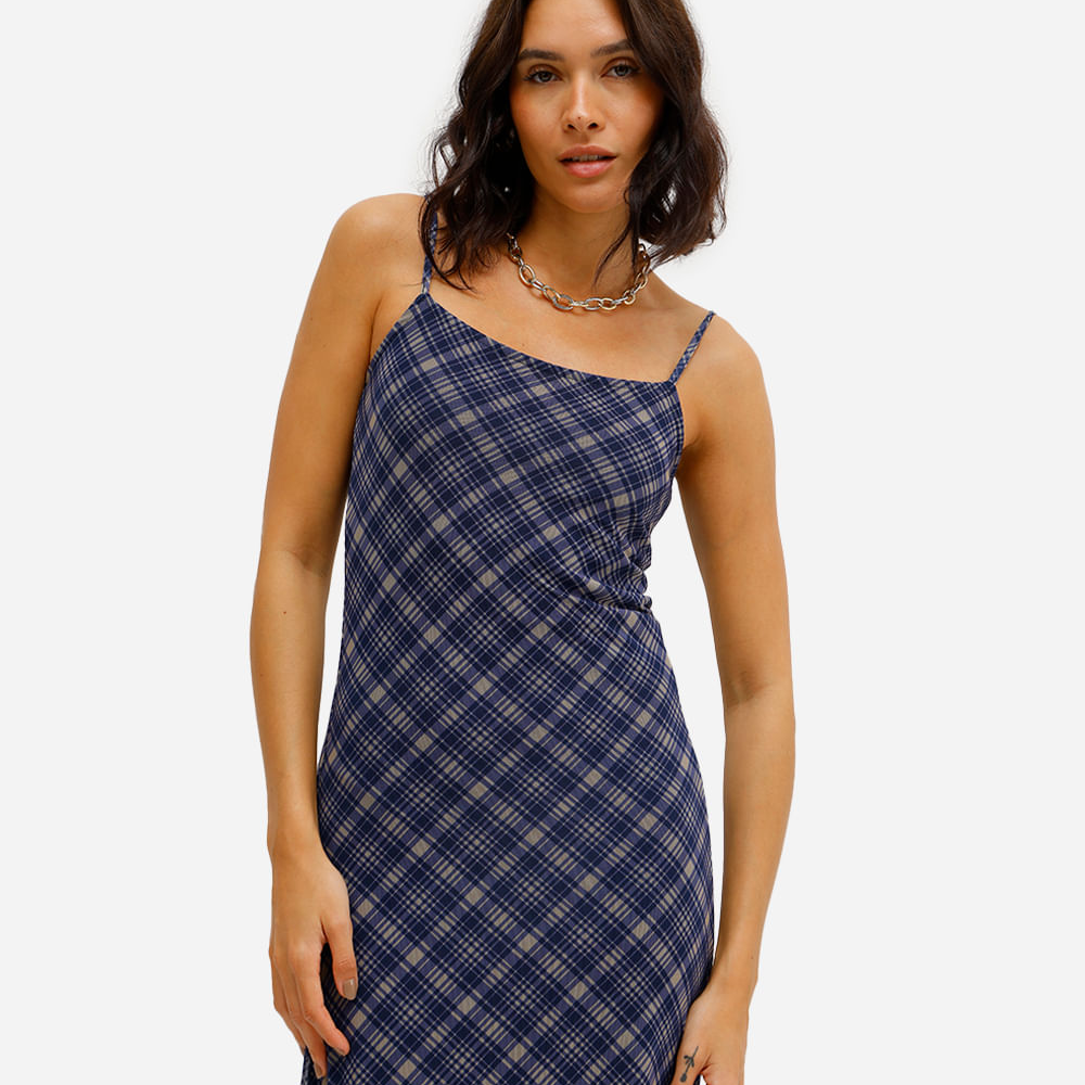 Vestido midi feminino alça fina de tule xadrez azul Vestido midi feminino alça fina de tule xadrez azul