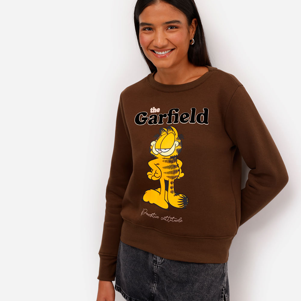 Blusão feminino de moletom felpado garfield marrom Blusão feminino de moletom felpado garfield marrom