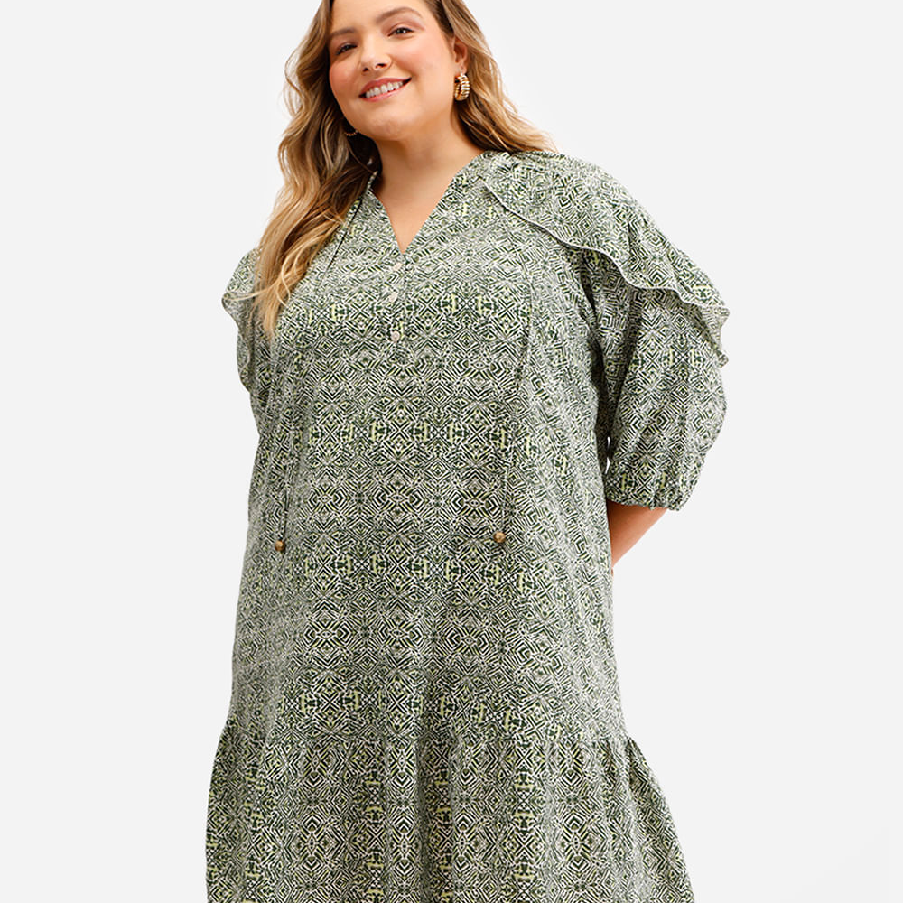 Vestido feminino de viscose estampado com babados plus size verde Vestido feminino de viscose estampado com babados plus size verde