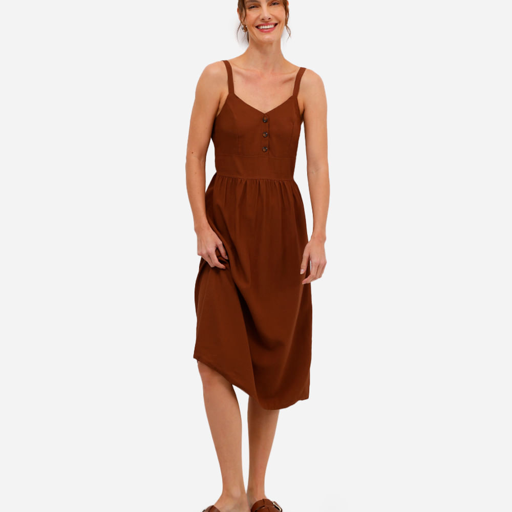 Vestido midi feminino de viscose alça fina marrom Vestido midi feminino de viscose alça fina marrom