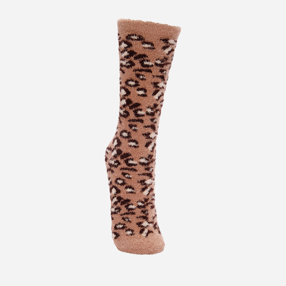 Meia feminina cano longo animal print com antiderrapante bege