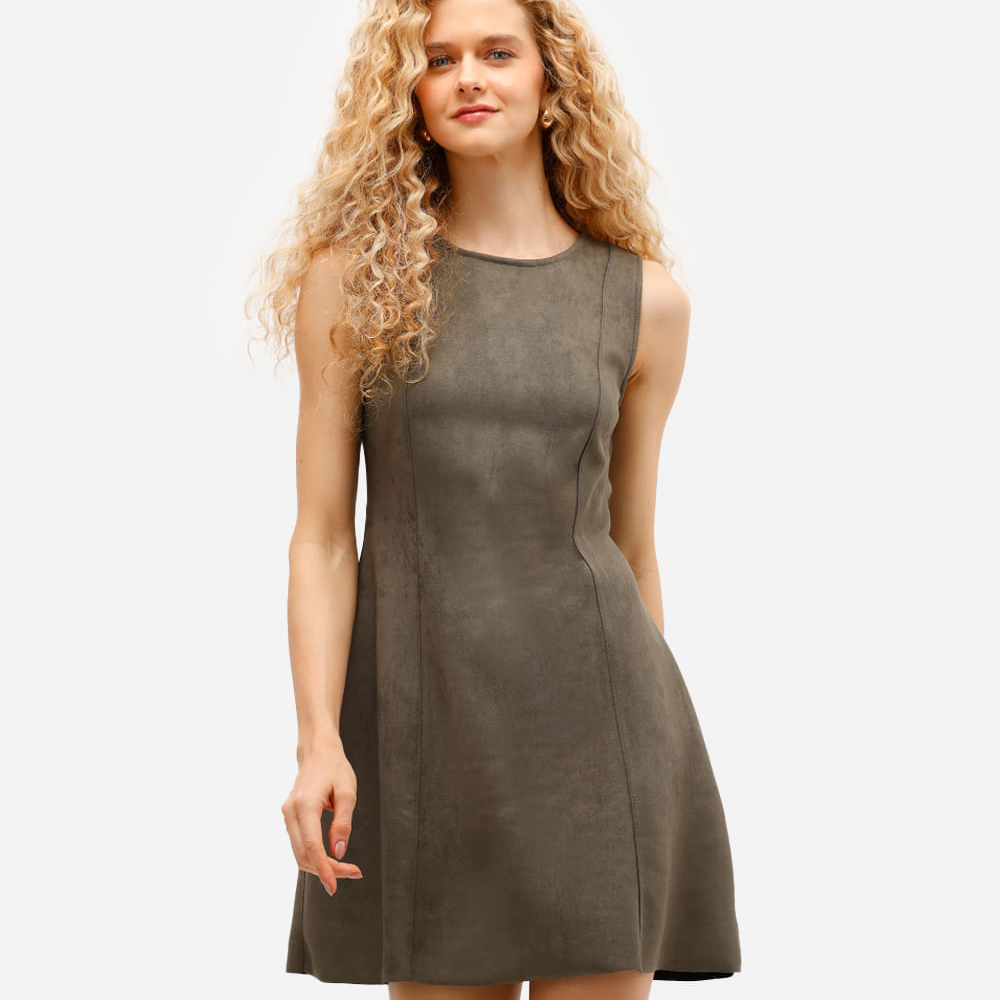 Vestido curto feminino de suede com recortes verde Vestido curto feminino de suede com recortes verde