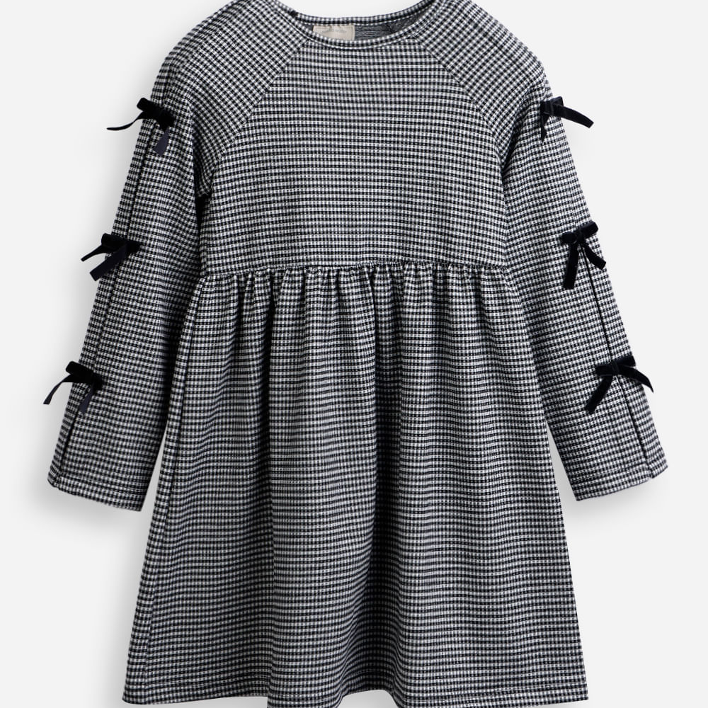 Vestido infantil midi manga longa com laços xadrez preto