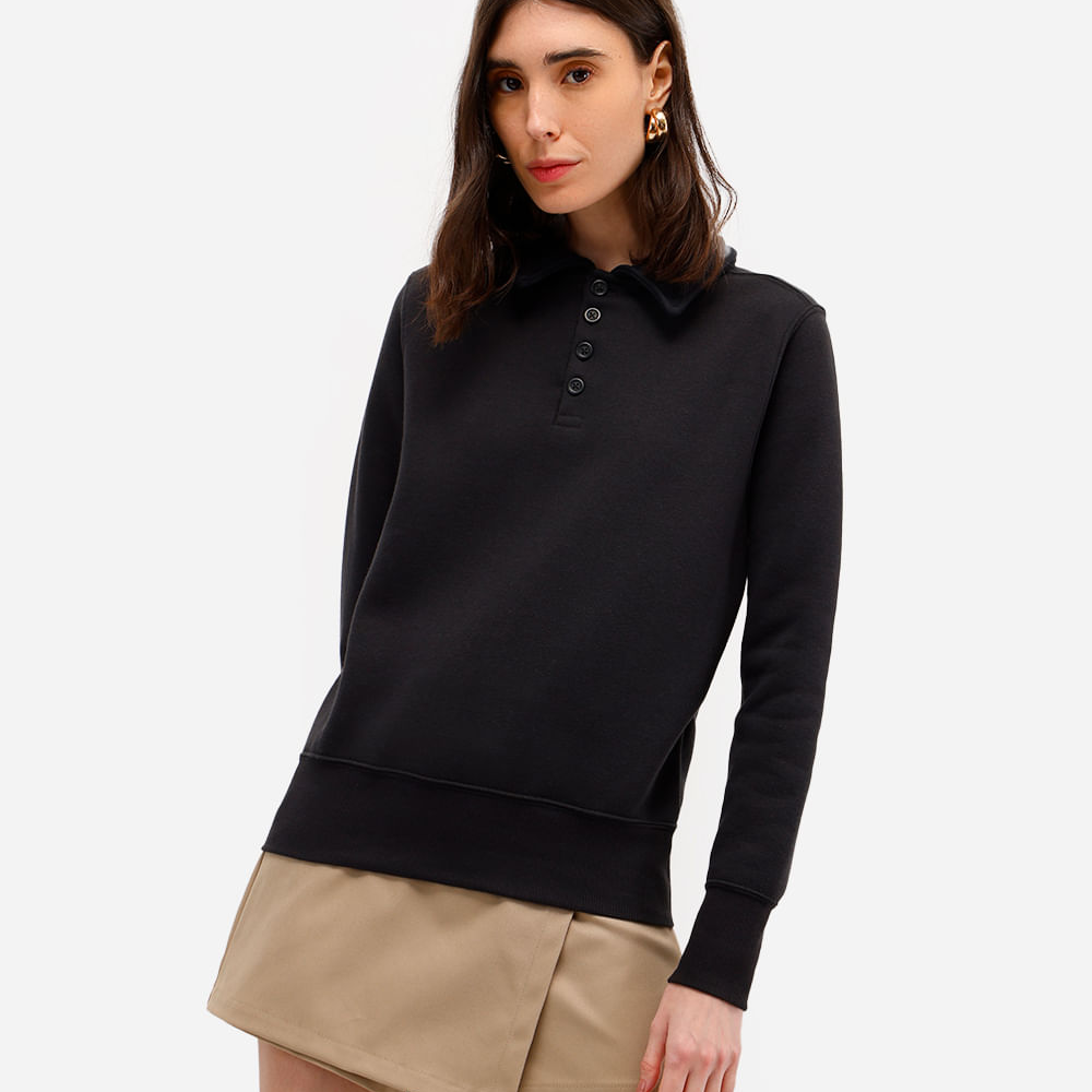 Blusão básico feminino de moletom felpado com gola preto Blusão básico feminino de moletom felpado com gola preto