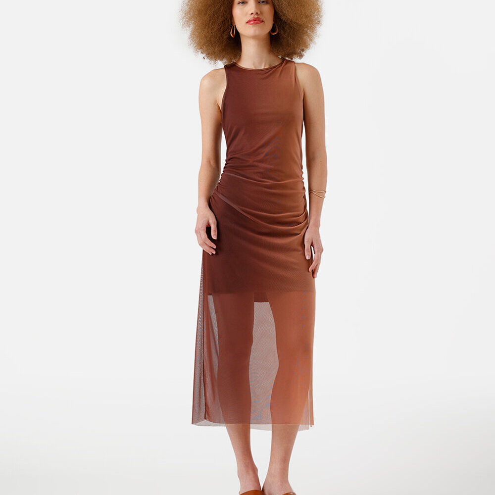 Vestido midi feminino de tule franzido degradê marrom Vestido midi feminino de tule franzido degradê marrom
