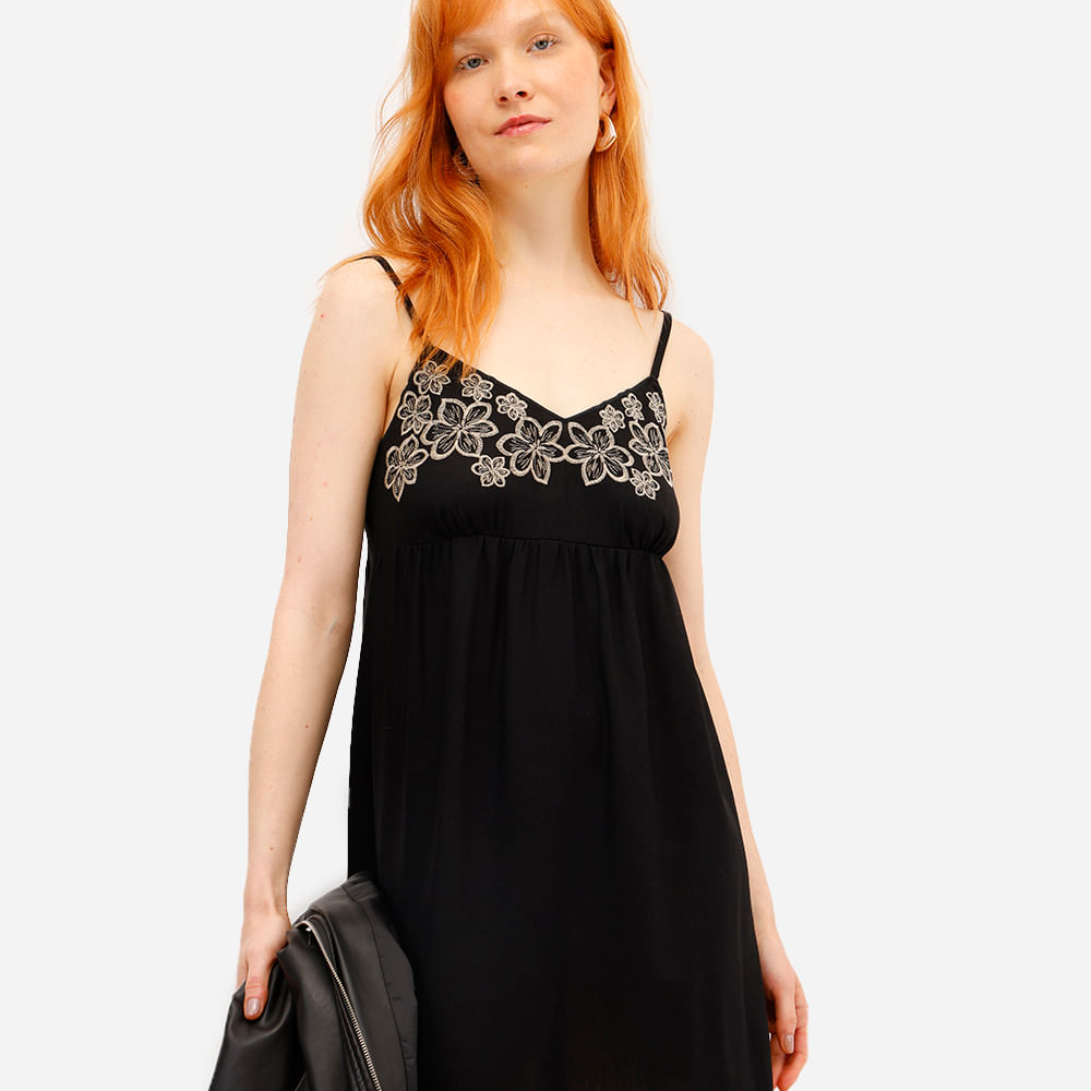 Vestido curto feminino alça fina com linho floral preto Vestido curto feminino alça fina com linho floral preto
