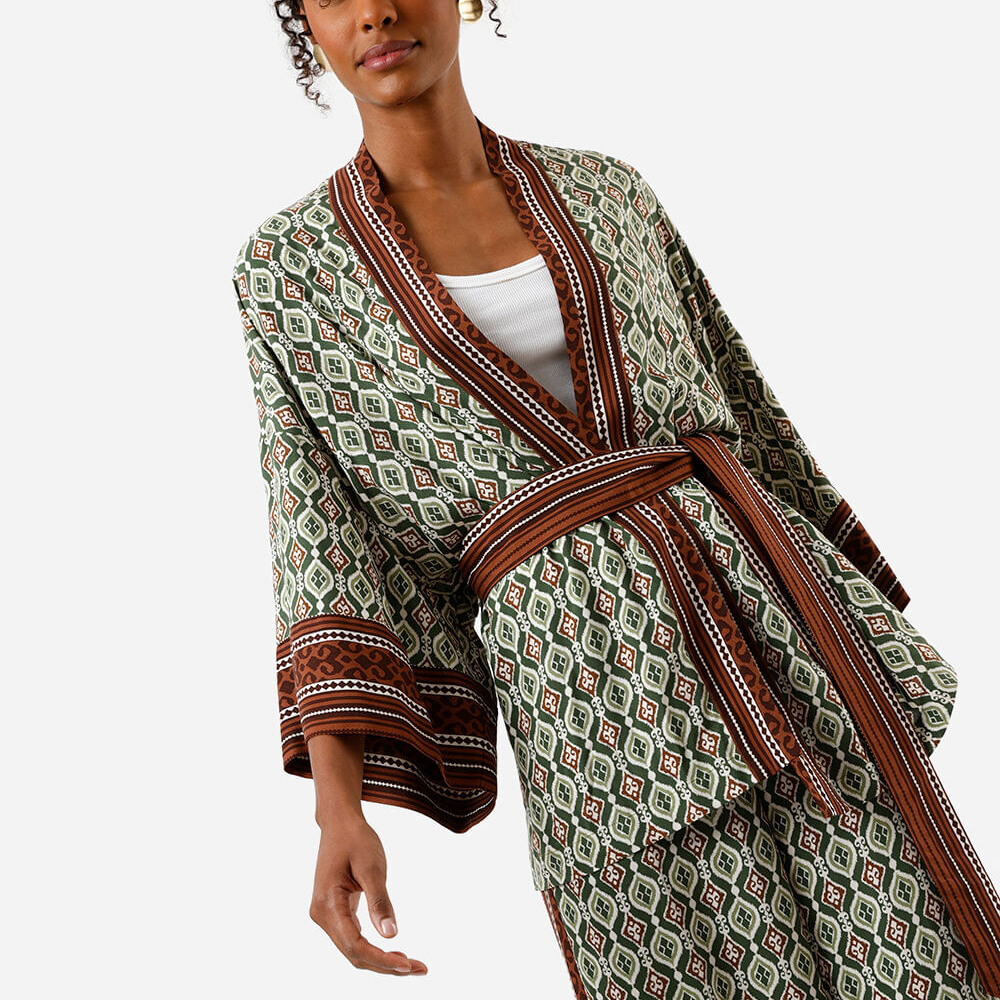 Kimono feminino de viscose étnico verde Kimono feminino de viscose étnico verde