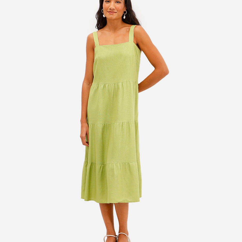 Vestido midi feminino com linho e recortes verde Vestido midi feminino com linho e recortes verde